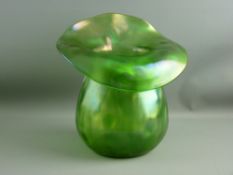 A LARGE, POSSIBLY LOETZ, GREEN IRIDESCENT GLASS VASE in bulbous 'jack in the pulpit' form with