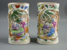 A PAIR OF LATE 19th CENTURY CHINESE PORCELAIN OVAL SPILL VASES having Famille Verte and pink
