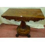 A WILLIAM IV MAHOGANY FOLDOVER TEA TABLE, the crossbanded edge rectangular top with shaped and