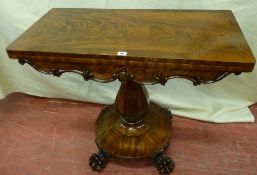 A WILLIAM IV MAHOGANY FOLDOVER TEA TABLE, the crossbanded edge rectangular top with shaped and
