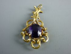 A BELIEVED NINE CARAT GOLD LINK TYPE PENDANT with oval amethyst, approximately 9 x 7 mm, 3 grms