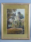 AXEL HERMAN HAIGH watercolour - castle keep with hunter and dog resting under a tree, signed and