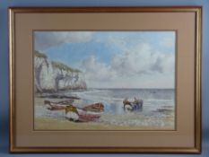 JOHN ERNEST AITKEN watercolour - coastal cliff scene with boats and fishermen, signed, 34.5 x 50