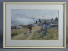 CARLETON GRANT watercolour - Deganwy smallholding with little girl, a dog challenging a cow on a