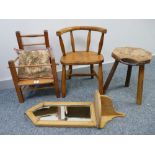A PINE SPINDLEBACKED CHILD'S COMMODE CHAIR, a child's curved back and spindle Windsor type chair,