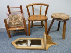 A PINE SPINDLEBACKED CHILD'S COMMODE CHAIR, a child's curved back and spindle Windsor type chair,