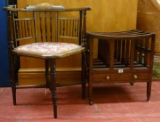 A 19th CENTURY MAHOGANY CANTERBURY and an inlaid mahogany corner chair with spindled gallery back
