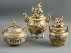 A WELL DECORATED SATSUMA FIGURAL TWO HANDLED BOWL with pierced cover on three feet, 10 cms diameter,