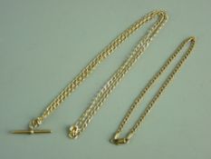 A NINE CARAT GOLD NECK CHAIN with oval links and T-bar, 2.5 grms and a nine carat gold flat curb