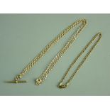 A NINE CARAT GOLD NECK CHAIN with oval links and T-bar, 2.5 grms and a nine carat gold flat curb