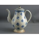 AN EARLY ENGLISH PORCELAIN COFFEEPOT with simple blue floral decoration and with a repaired non-