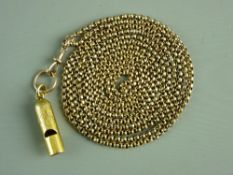A NINE CARAT GOLD MUFF CHAIN, 140 cms, 20 grms, with an unmarked, possibly gold whistle pendant,