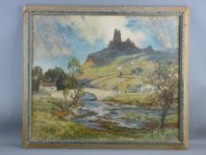 COLOURED PRINT - river scene with bridge, cottages and figures and with ruined hilltop abbey,