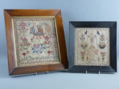 A LATE 18th/EARLY 19th CENTURY PICTORIAL SAMPLER, undated, 23 x 21 cms and an early 19th Century