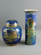 A CARLTONWARE BLUE GROUND ORIENTAL PATTERNED GINGER JAR & LID, the body depicting pagodas, flowers