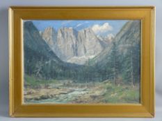 J GLUCKERT oil on board - Alpine river and mountain scene, signed, 24.5 x 35 cms