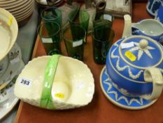 Set of six green glass drinking glasses, Falcon ware basket and a Copeland Spode teapot and stand