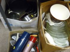 Three boxes of miscellaneous kitchenware including Thermos, Pyrex, flatware etc