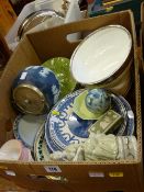 Box of mixed china including commemorative plates, Wedgwood biscuit barrel etc