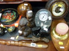 Parcel of mainly treen ware, barometer, mantel clock and similar items