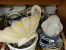 Wooden box of pottery planters and a box of similar items