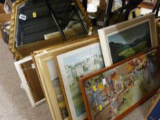 Octagonal gilt framed mirror, three small mirrors and small parcel of prints