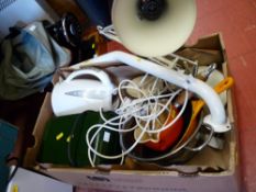 Box of household items including pans, electrical items and an anglepoise lamp E/T