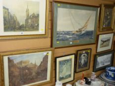 Pair of prints - street scenes, large print - sailing scene, three other prints and an enlarged