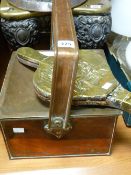 Copper square coal scuttle and a pair of brass bellows