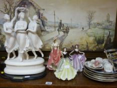 Parian group on a Royal Doulton base, three modern figurines, parcel of commemorative plates and