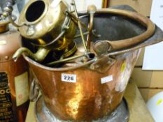 Beaten copper helmet coal scuttle, brass spirit kettle and a copper kettle