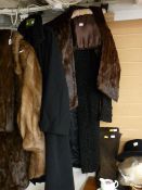 Good parcel of lady's fur coats, pair of boots, bowler hat, straw hat etc
