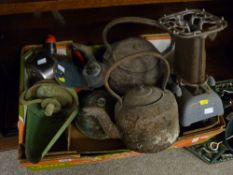Box of vintage metalware including a 'Beatrice' stove