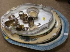 Quantity of meat platters, gallery tray with electroplate contents