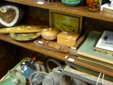 Quantity of treen ware, commemorative mantel clock, framed prints etc