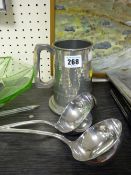 Two heavy electroplate ladles and a pewter ware tankard