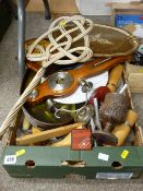 Parcel of mixed kitchen utensils, trays, wall clock etc