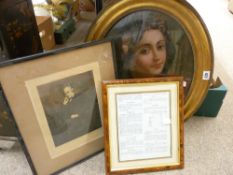 Gilt framed oval portrait, possibly on porcelain, head and shoulders of a young lady, a mezzotint