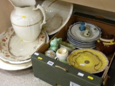 Box of mixed china including Sylvac bunny, blue and white plates, loose meat platters, wash basin