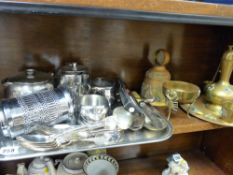 A quantity of brassware, plated cutlery, service wear etc