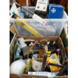 A plastic tub & a cardboard box of miscellaneous garage equipment etc