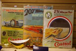 Three prints of vintage motoring scenes featuring Castrol oil