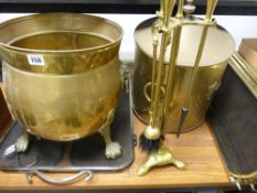 Two brass coal buckets, fire irons & guards