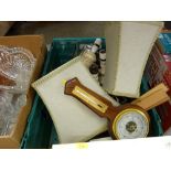 Box of mixed items including barometer, table lamps, service wear etc