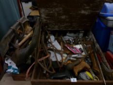 A wooden box full of garage hand tools & a bag full of tools