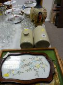 Two stoneware hot water bottles, two glass jelly moulds etc