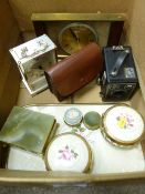 Mantel clocks, a Brownie camera, some dressing table items etc