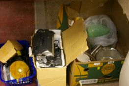 A box of mixed kitchen items, glassware & a cased video camera etc