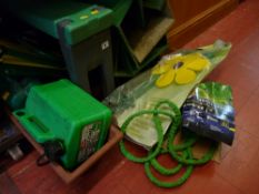 A set of garden kneelers, stools, petrol cans etc
