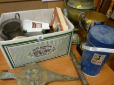A parcel of metalware trophies, bellows, horse riding literature etc